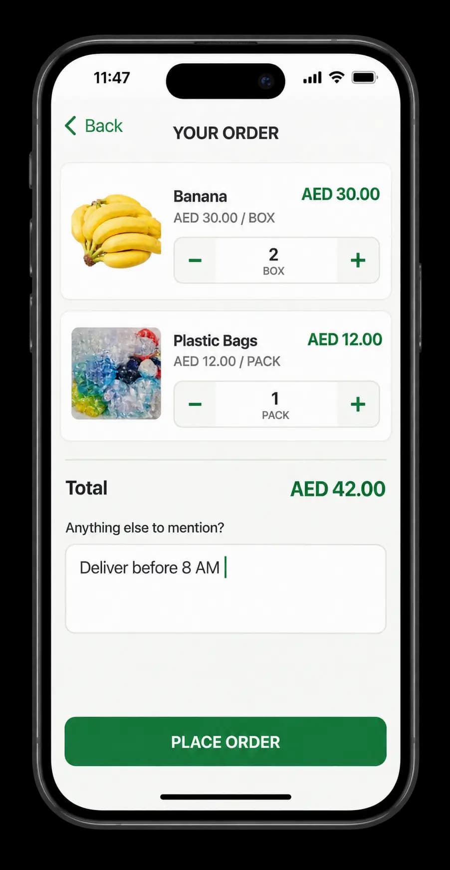 AMREN Fresh app order review screen with item totals, delivery note and place order button