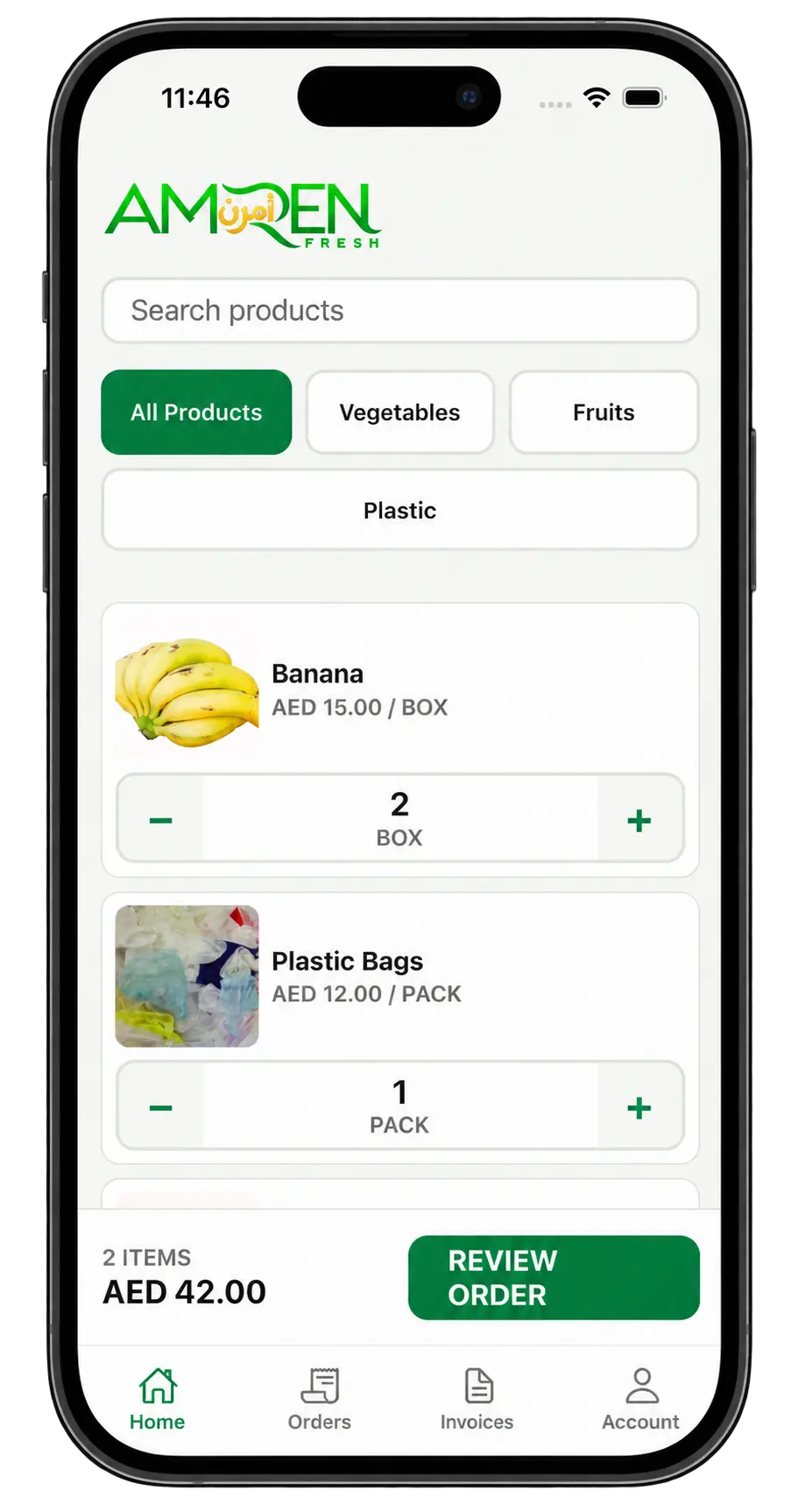 AMREN Fresh app product list with search, categories, quantities and order total
