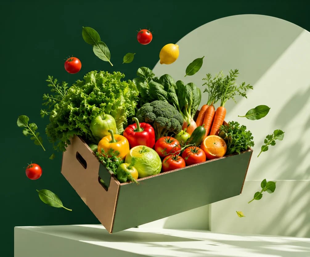 Box of fresh fruit and vegetables representing AMREN Fresh wholesale supply