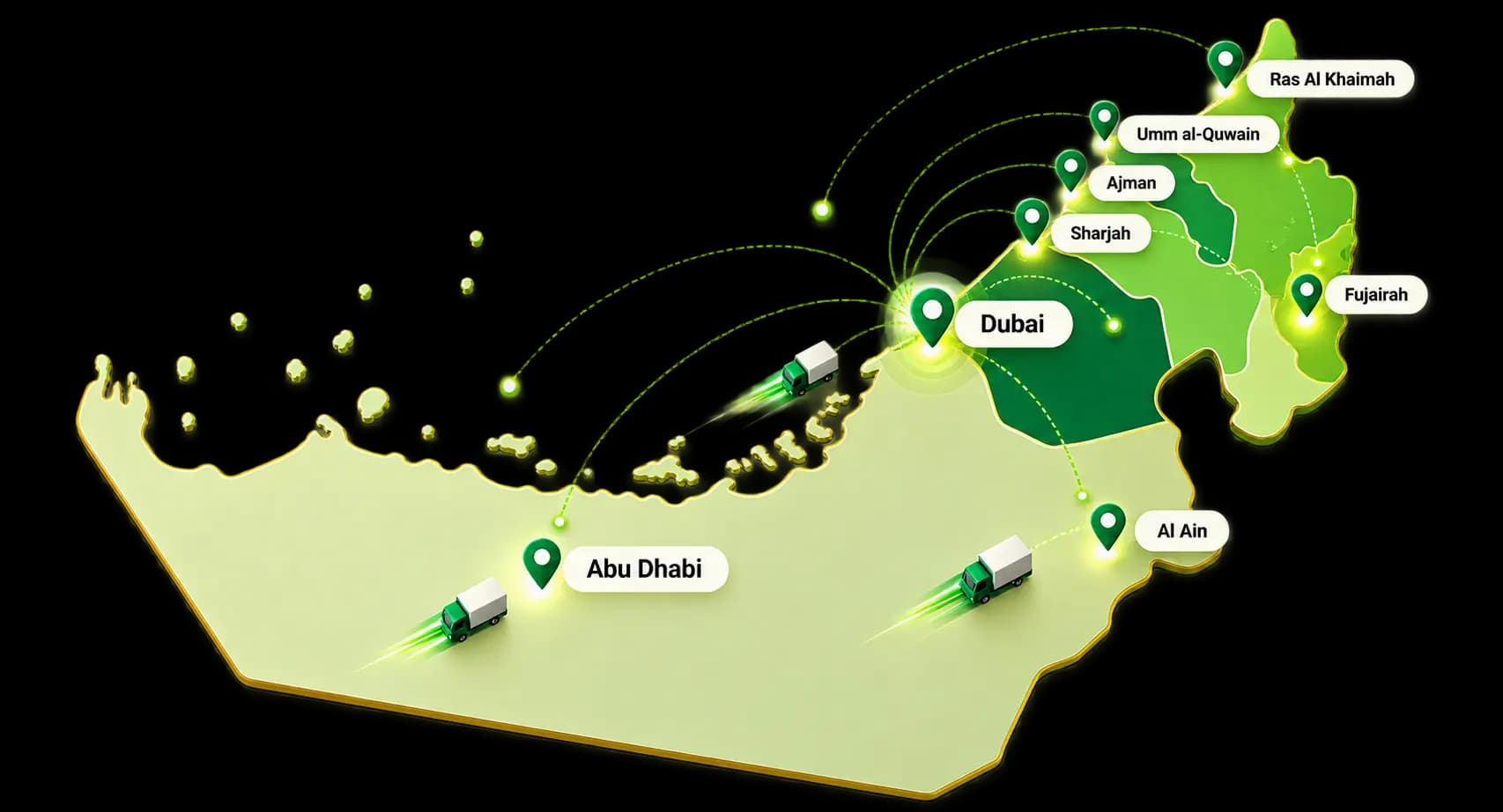 Map of the United Arab Emirates showing AMREN Fresh supply coverage